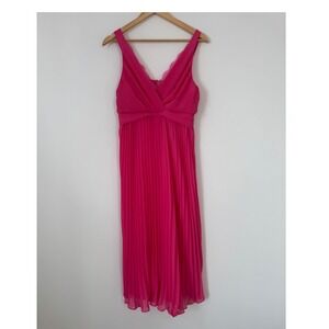 Versona Pleated Midi Dress Women Medium Fuchsia Pink Lace Trim Surplice V-Neck